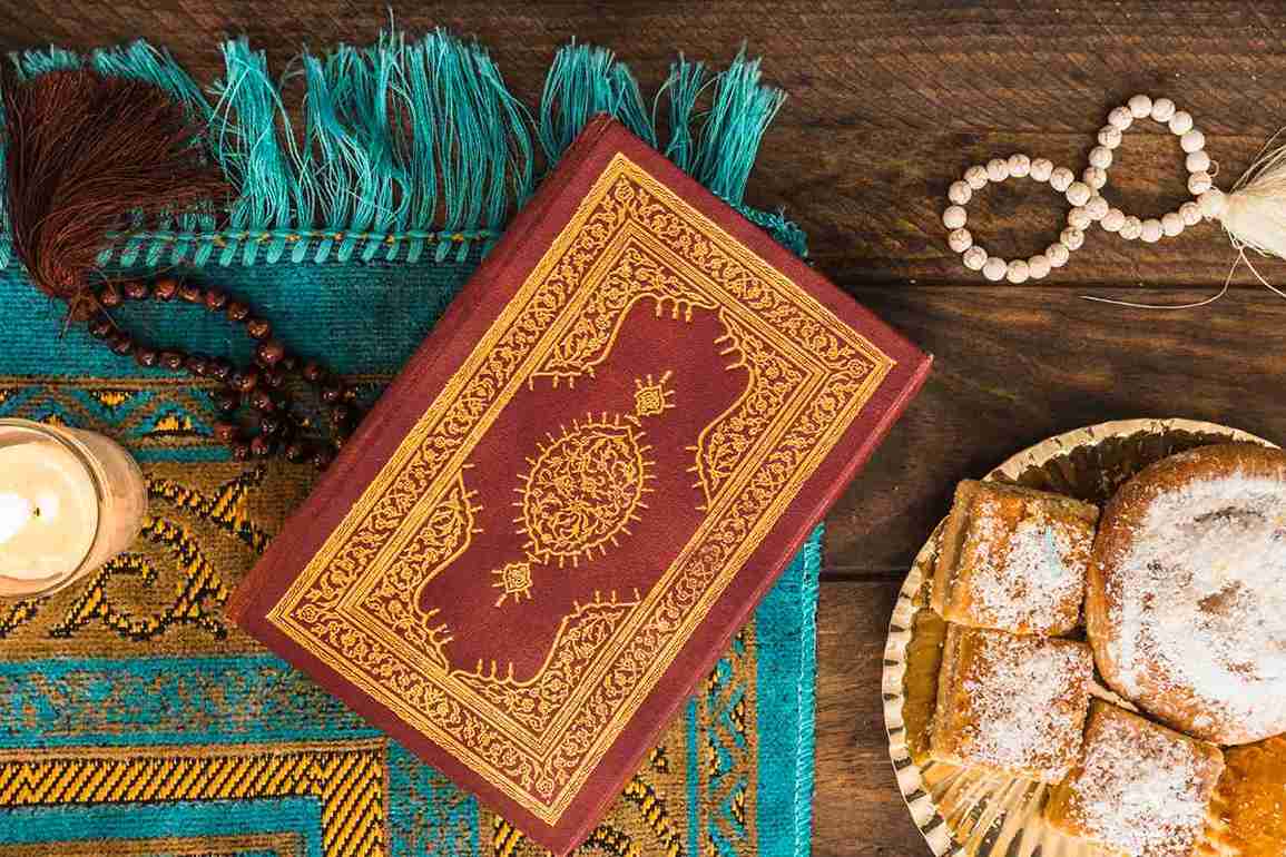 Prayer mats and accessories including tasbih beads, Quran stand, and neatly folded mats for daily worship.
