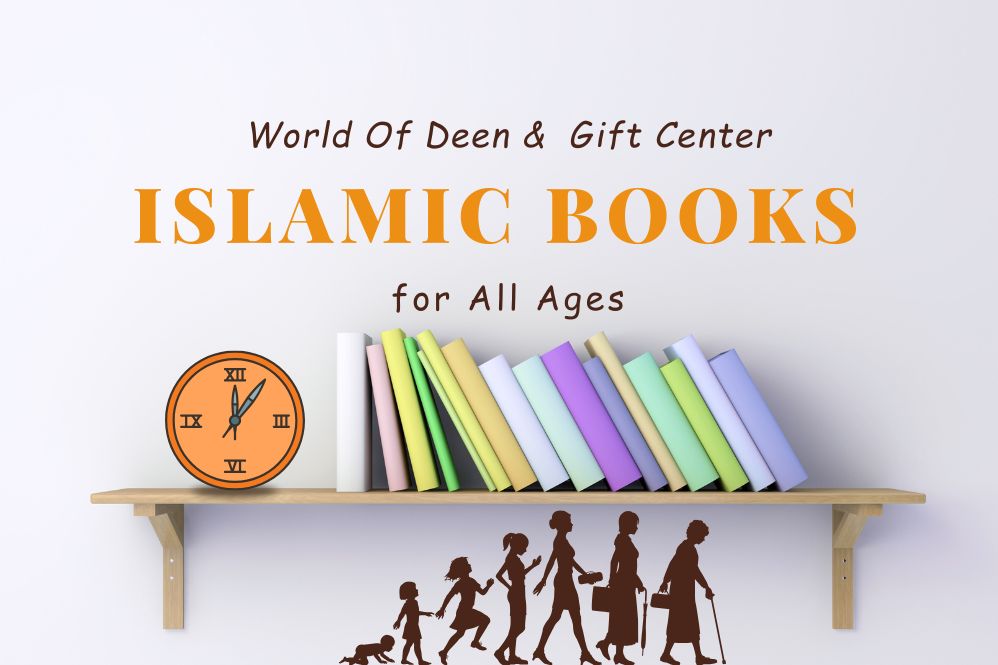 A collection of Islamic books for all ages, including colorful children's storybooks and scholarly texts for adults, available as Eid gifts from a local Islamic store.